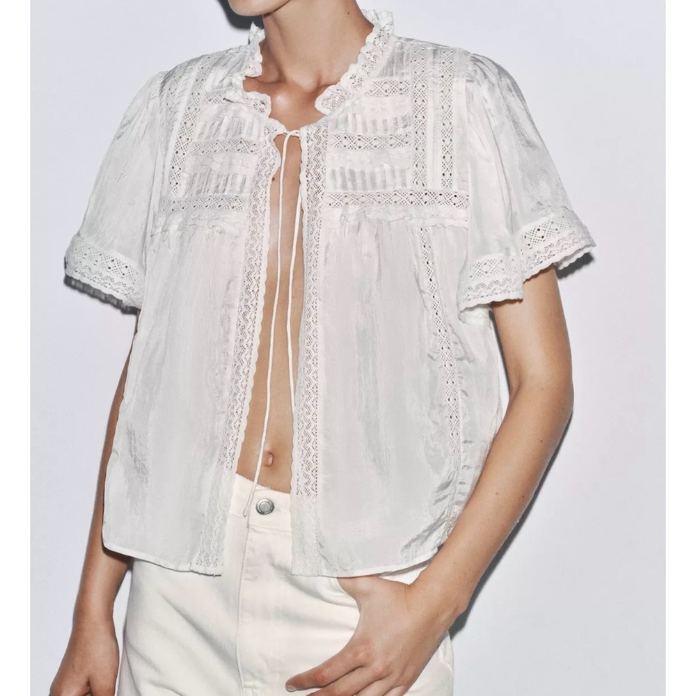 Zara Elegant White Lace Trim Satin Top New with tag